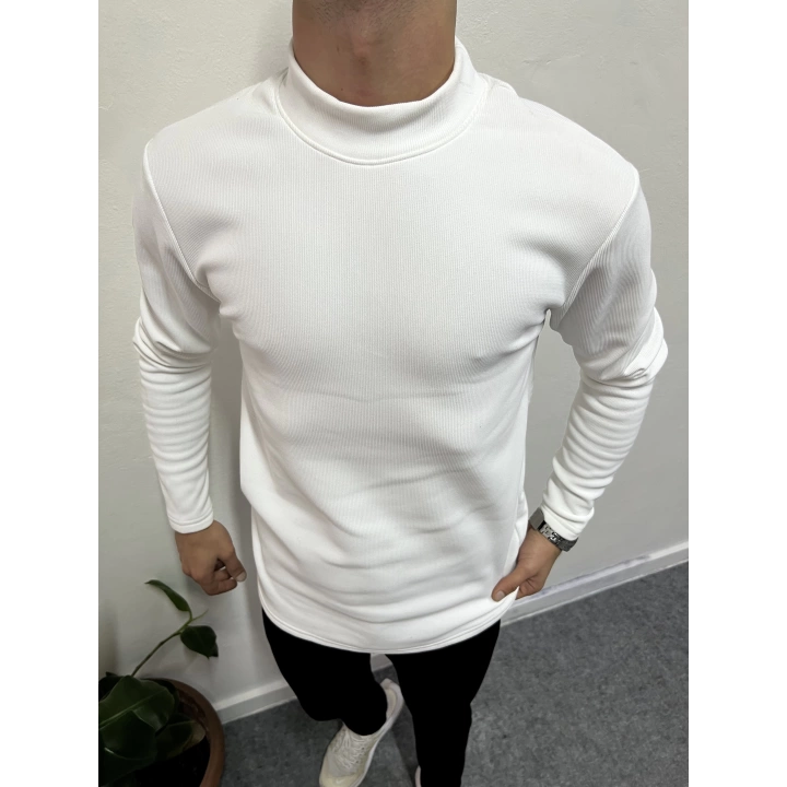 Yarım Balıkçı İçi Şardonlu Pamuk Slim Fit Sweatshirt Beyaz