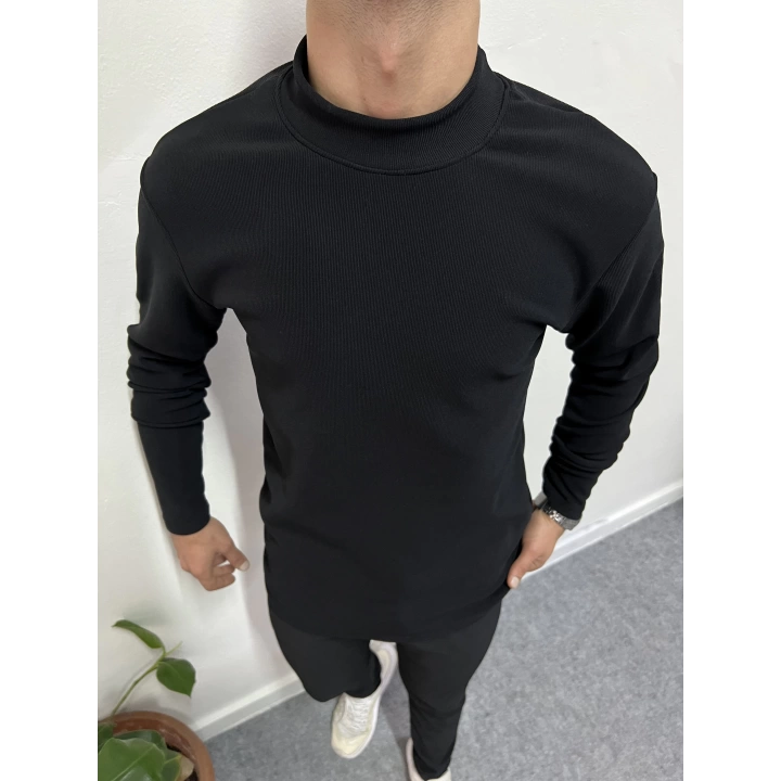 Yarım Balıkçı İçi Şardonlu Pamuk Slim Fit Sweatshirt Siyah