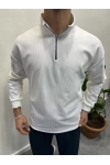 Fitilli Ottoman Kumaş İçi Şardonlu Yarım Fermuar Sweatshirt Beyaz