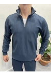 Fitilli Ottoman Kumaş İçi Şardonlu Yarım Fermuar Sweatshirt Petrol