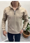 Fitilli Ottoman Kumaş İçi Şardonlu Yarım Fermuar Sweatshirt Bej