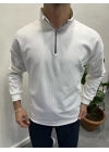 Fitilli Ottoman Kumaş İçi Şardonlu Yarım Fermuar Sweatshirt Beyaz