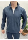 Fitilli Ottoman Kumaş İçi Şardonlu Yarım Fermuar Sweatshirt Petrol