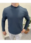 Fitilli Ottoman Yarım Balıkçı İçi Şardonlu Sweatshirt Petrol