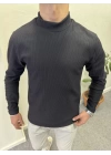 Fitilli Ottoman Yarım Balıkçı İçi Şardonlu Sweatshirt Siyah