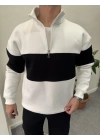 Parçalı İçi Şardonlu Yarım Fermuar Sweat Beyaz