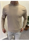 Fitilli Ottoman Yarım Balıkçı İçi Şardonlu Sweatshirt Bej