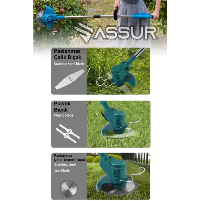 Assur Şarjlı Ot Tırpanı – Turbo Çim Biçme, Teleskopik Kolu