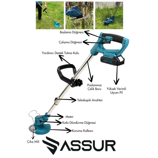 Assur Şarjlı Ot Tırpanı – Turbo Çim Biçme, Teleskopik Kolu