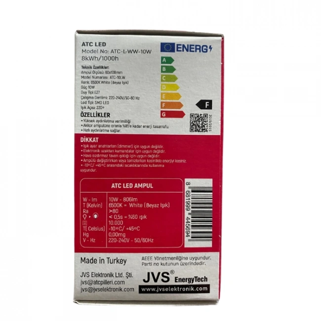 ATC 10W LED Ampül – E27 Duy, Beyaz Işık, Enerji Tasarruflu