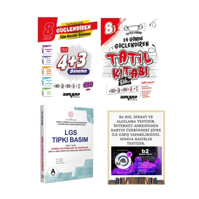 4+3 deneme+14 günde tatil kitabı+editör tıpkı basım+b2 dikkat ve zeka testi