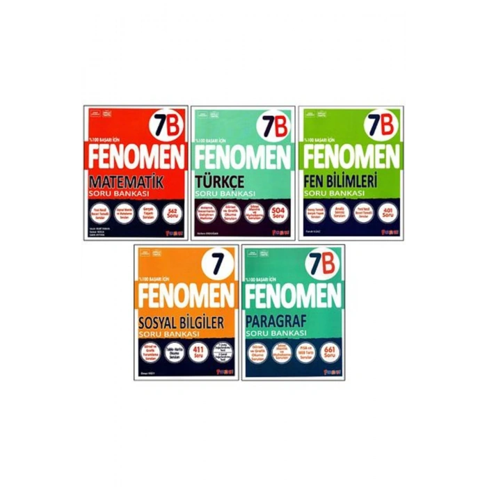 Fenomen 7. Sınıf Matematik(B)+Türkçe(B)+Fen(B)+Sosyal+Paragraf(B) Soru Bankası 5 Kitap