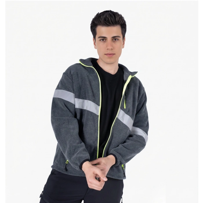 Neon Sarı Fermuarlı Reflektörlü Polar