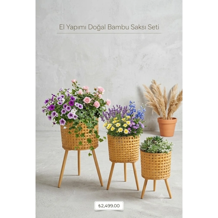 3lü Ayaklı Bambu Saksı Seti - Doğal Ayaklı El Yapımı Çiçeklik