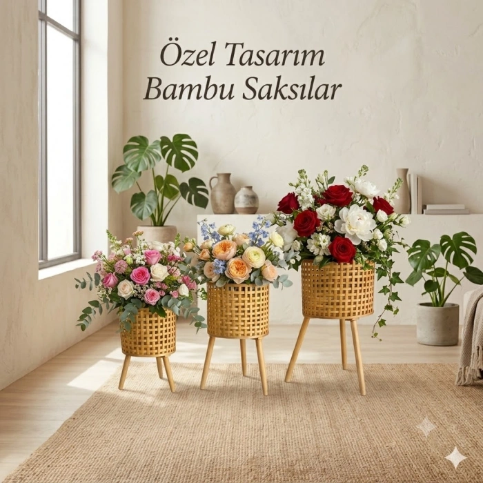 3lü Ayaklı Bambu Saksı Seti - Doğal Ayaklı El Yapımı Çiçeklik