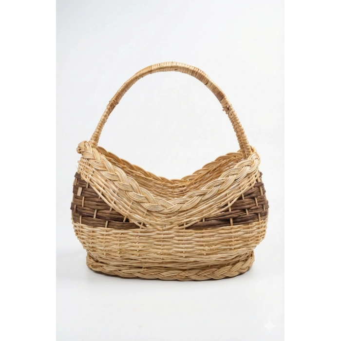 Büyük Boy Hasır Evi El Örmesi İki Renkli Kayık Hasır Sepet - 50x30x45 cm