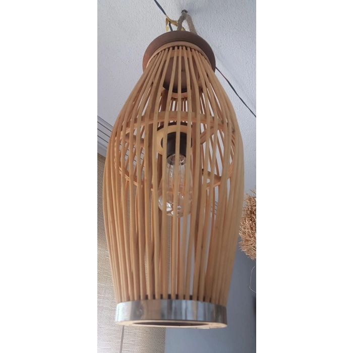 Doğal Ahşap Bambu El Yapımı Tasarım Sarkıt Avize - 40 cm Siyah Kablolu Rustik Avize