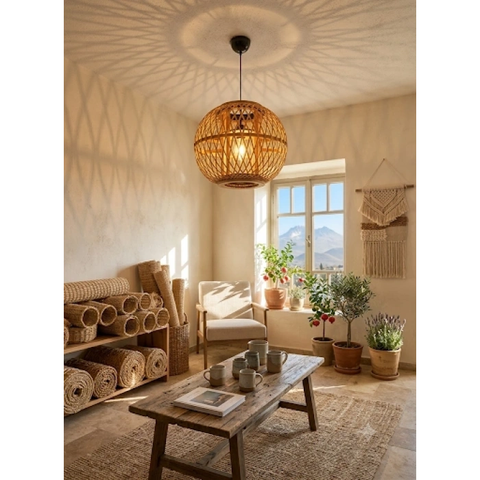 Doğal Bambu Ahşap Karışımı Avize - 30x30 cm Küre Sarkıt Lamba - Bohem, Rustik ve Modern Tavan Lambası