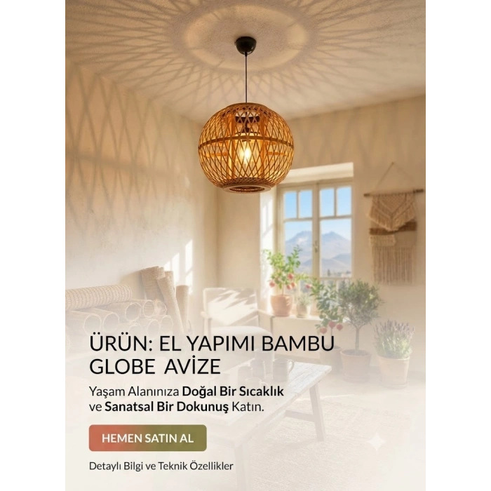 Doğal Bambu Ahşap Karışımı Avize - 30x30 cm Küre Sarkıt Lamba - Bohem, Rustik ve Modern Tavan Lambası