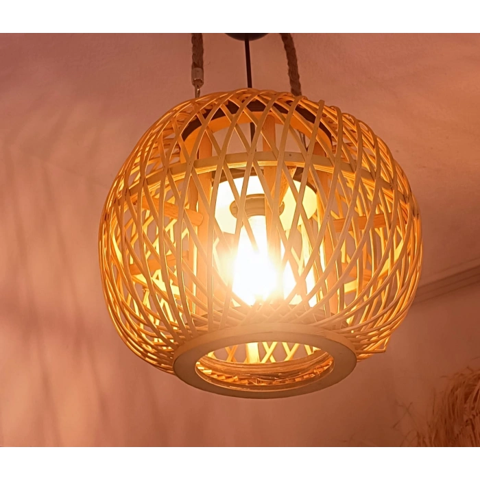 Doğal Bambu Ahşap Karışımı Avize - 30x30 cm Küre Sarkıt Lamba - Bohem, Rustik ve Modern Tavan Lambası