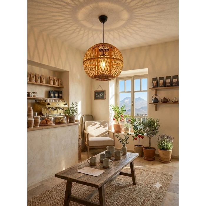 Doğal Bambu Ahşap Karışımı Avize - 30x30 cm Küre Sarkıt Lamba - Bohem, Rustik ve Modern Tavan Lambası