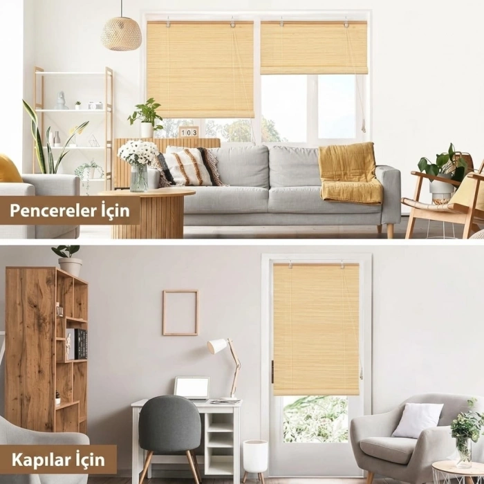 Doğal Bambu Stor Perde - Ahşap Stor Perde, Bej