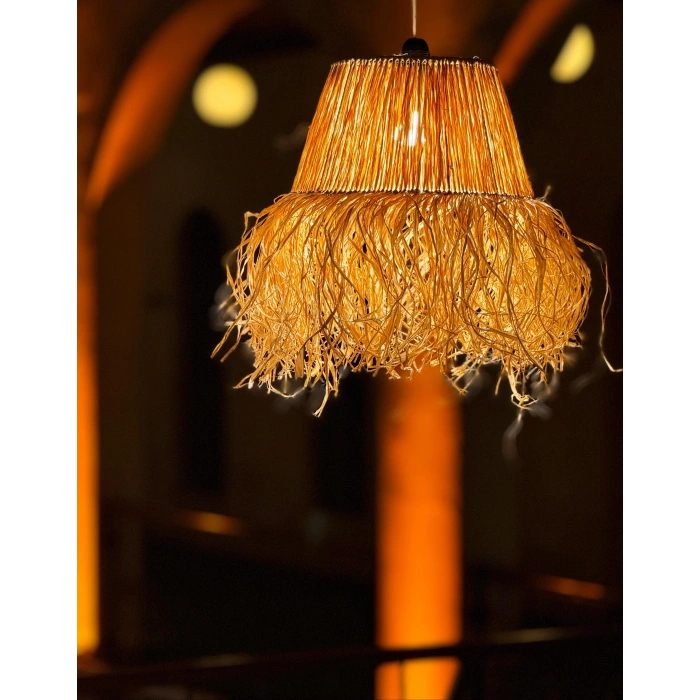Doğal Rafya - Saçaklı Avize - 45 cm Boho Tarzı Püsküllü Hasır Sarkıt Lamba