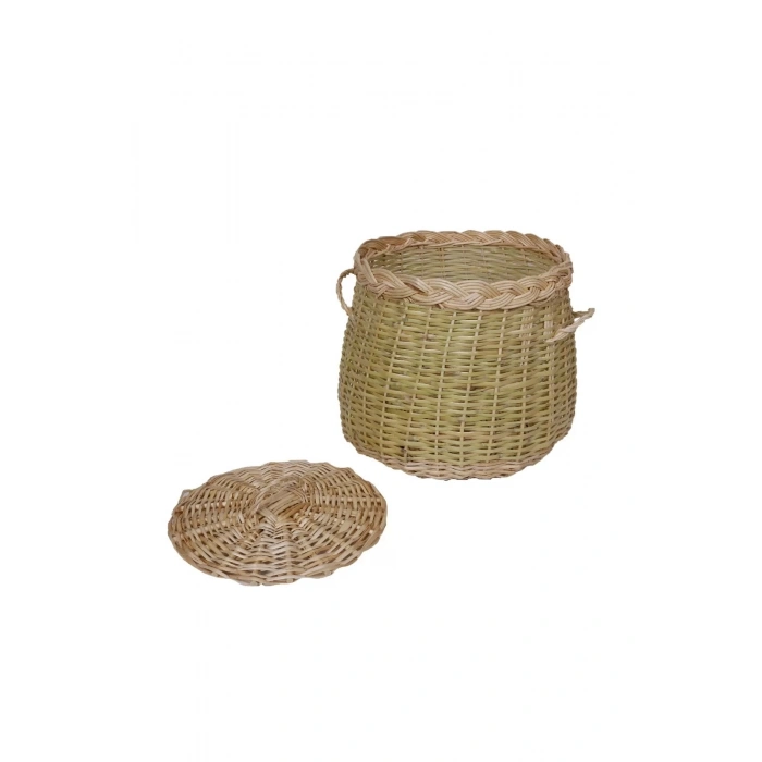 El Yapımı Hasır Patates Soğan Sepeti - Kapaklı Doğal Örgü (30x25 cm)