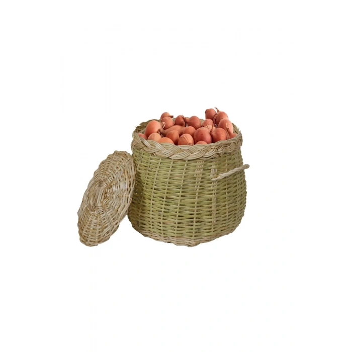 El Yapımı Hasır Patates Soğan Sepeti - Kapaklı Doğal Örgü (30x25 cm)