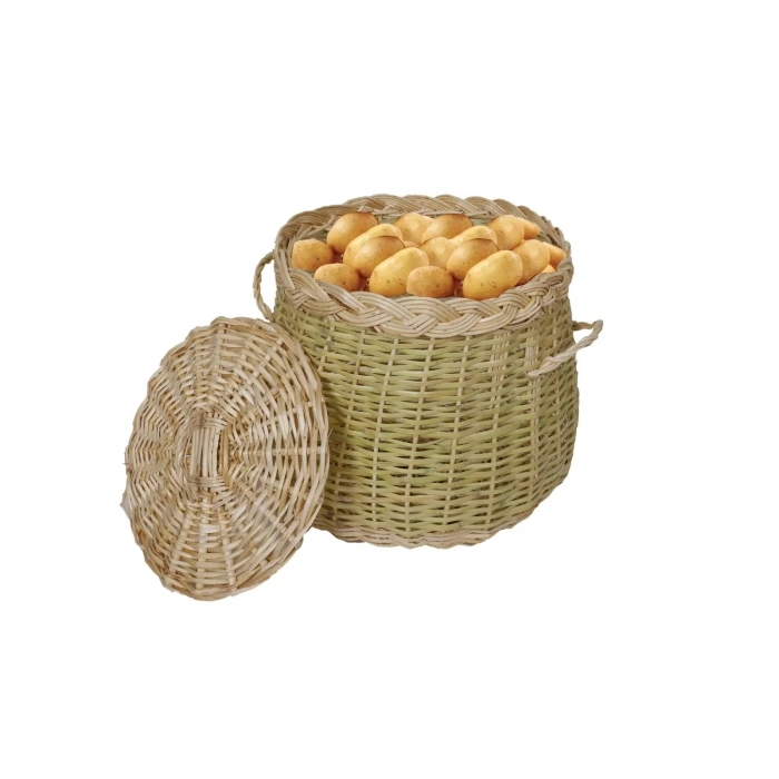 El Yapımı Hasır Patates Soğan Sepeti - Kapaklı Doğal Örgü (30x25 cm)