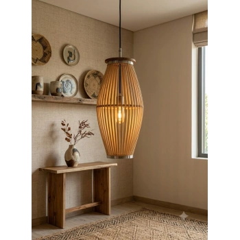 Doğal Ahşap Bambu El Yapımı Tasarım Sarkıt Avize - 40 cm Siyah Kablolu Rustik Avize
