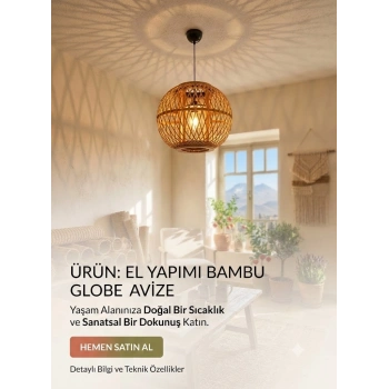 Doğal Bambu Ahşap Karışımı Avize - 30x30 cm Küre Sarkıt Lamba - Bohem, Rustik ve Modern Tavan Lambası