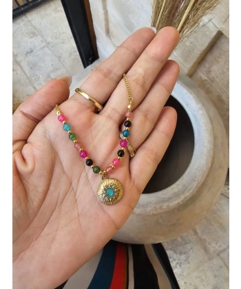 DOĞAL TAŞ AYRINTILI ÇELİK KOLYE 45 CM