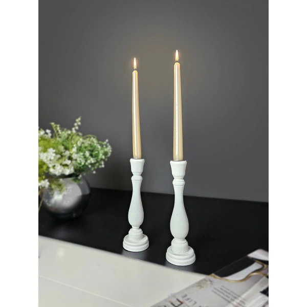 2 Adet Ahşap Şamdan Mumluk Eskitme Beyaz 24cm