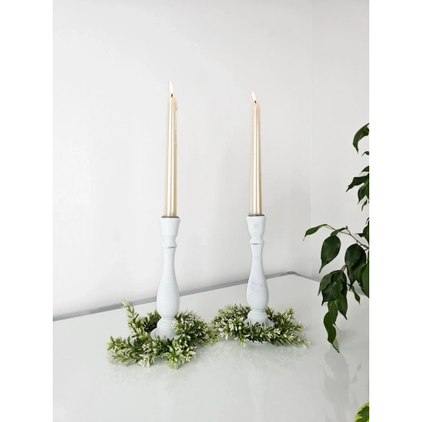 2 Adet Ahşap Şamdan Mumluk Eskitme Beyaz 24cm