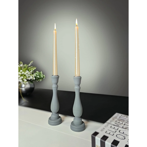 2 Adet Ahşap Şamdan Mumluk Eskitme Gri 24cm