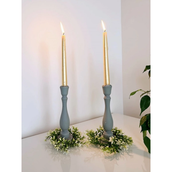 2 Adet Ahşap Şamdan Mumluk Eskitme Gri 24cm