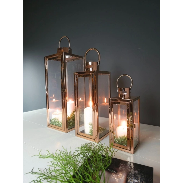 Rosa Trio Paslanmaz Çelik Üçlü Rosegold Mumluk Fener Seti