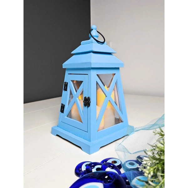 Mavi Ahşap Fener Led Işıklı 30cm