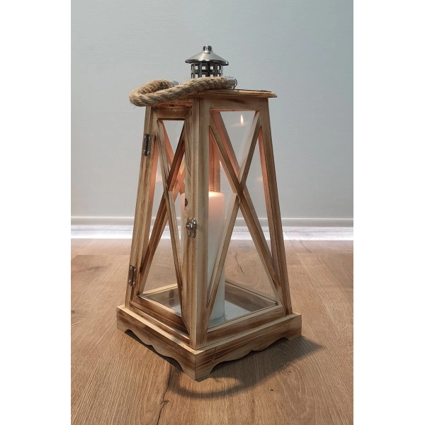 Ahşap Mumluk Fener Çelik Çatılı Sumatra 45cm