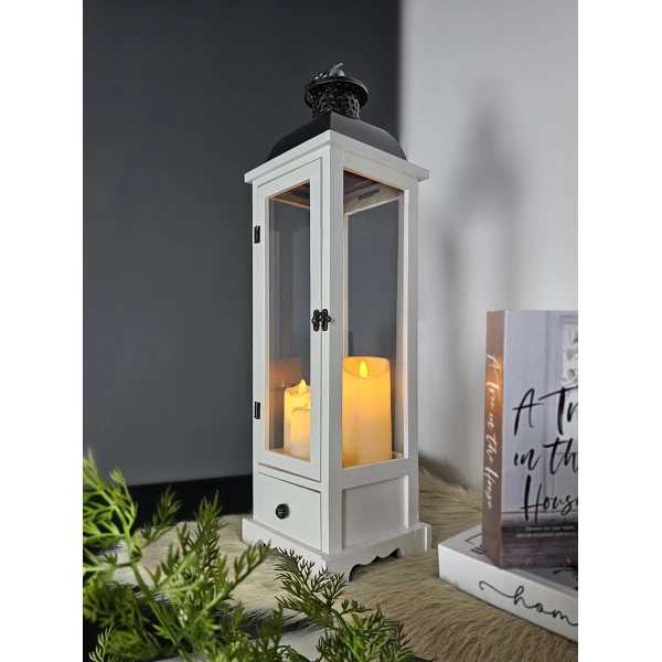 Ahşap Mumluk Fener Kaliminos Beyaz 70cm