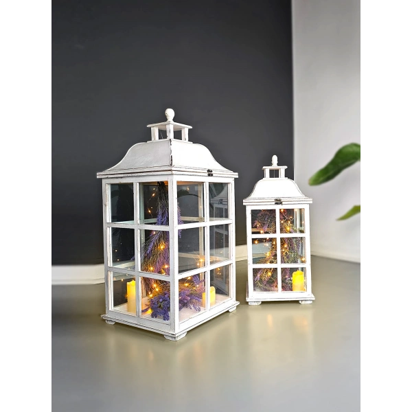 Allegra Rustik Eskitme Beyaz Ahşap Fener Mumluk İkili Set