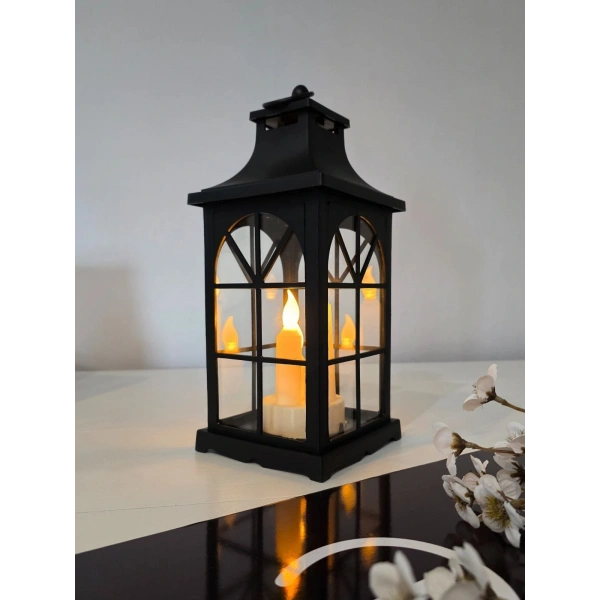 Ambiance 31Cm Siyah LED Fener - Gerçek Camlı, Titreşimli Alevsiz Mum Işığı