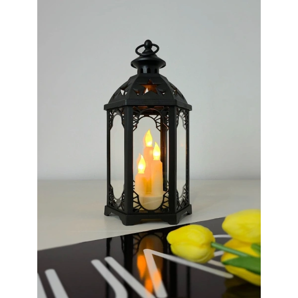 Astrum 33cm Siyah Led Fener Mumluk - Gerçek Camlı & Pille Çalışan Dekoratif Aydınlatma