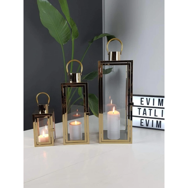 Aura Gold Paslanmaz Çelik Üçlü Mumluk Fener Seti