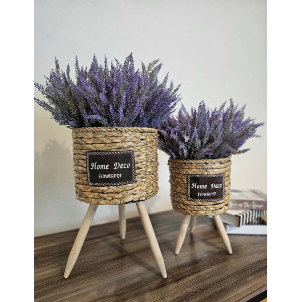 Ayaklı Hasır Saksı ve Çiçeklik Seti İçi Naylonlu Bej