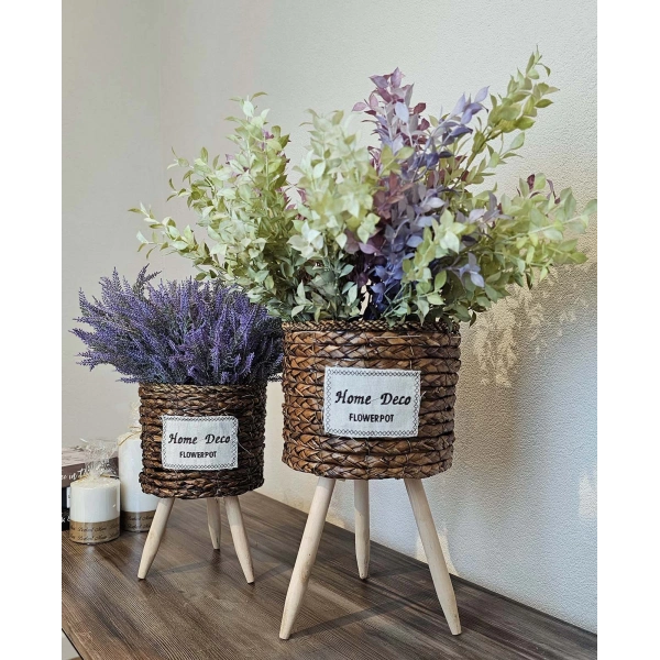 Ayaklı Hasır Saksı ve Çiçeklik Seti İçi Naylonlu Kahverengi