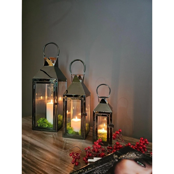 Black Mirror Paslanmaz Çelik Üçlü Mumluk Fener Seti