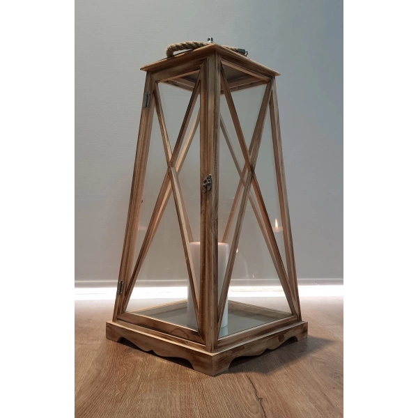 Büyük Boy Çelik Çatılı Ahşap Mumluk Fener Sumatra 70cm