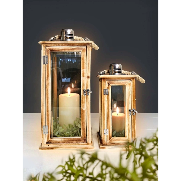 Çelik Çatılı İkili Ahşap Mumluk Fener Seti Borneo